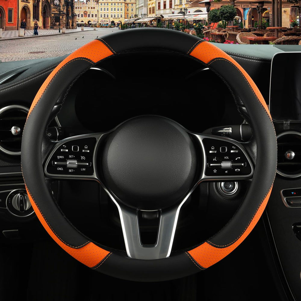 Binsheo leather steering wheel cover close-up texture showing smooth, durable leather.