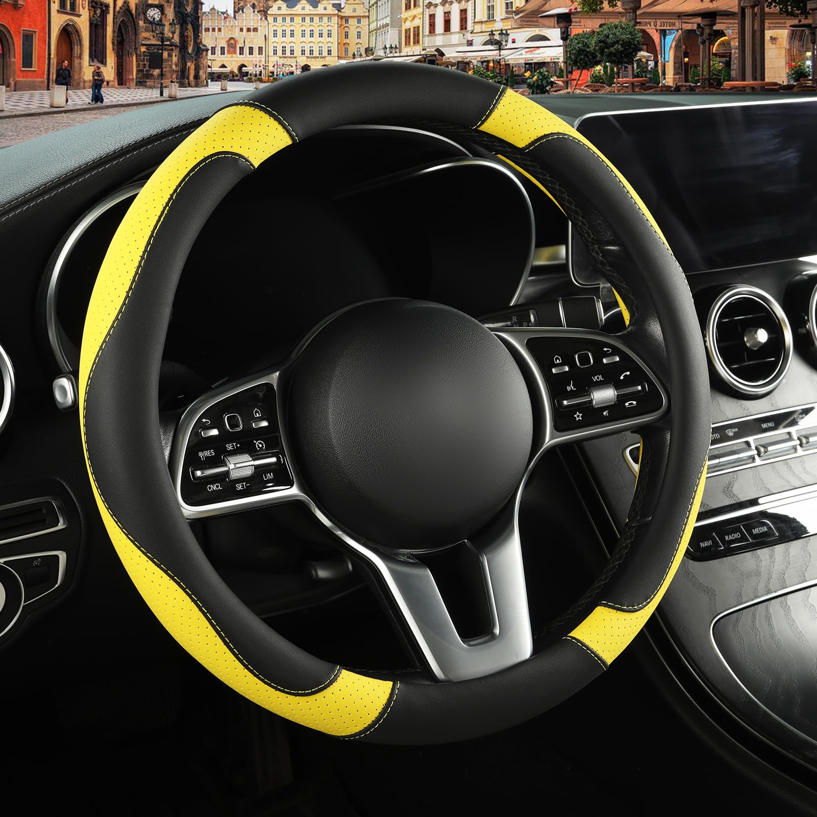 Binsheo steering wheel cover with breathable microfiber texture for comfortable driving.