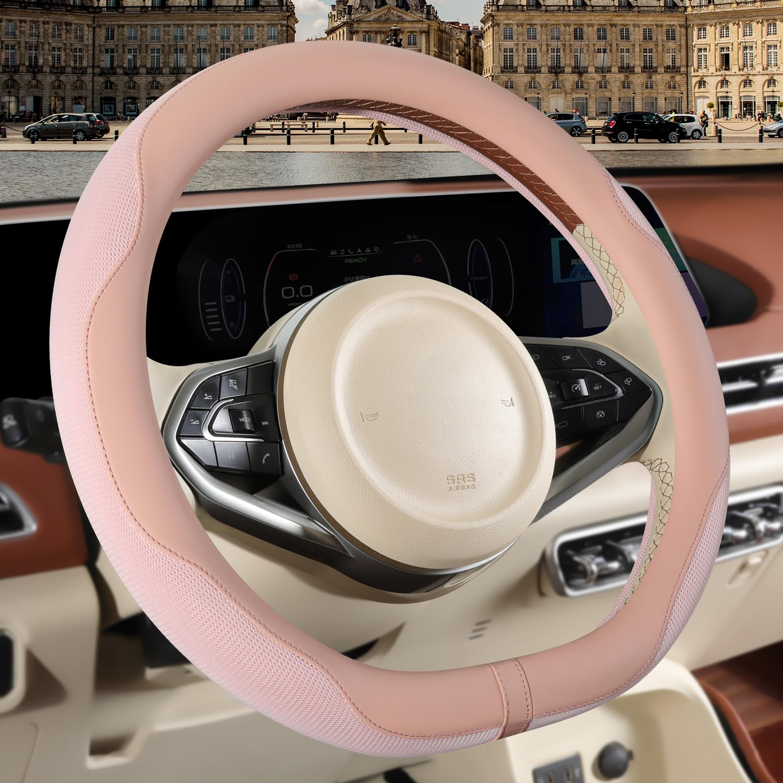 Breathable fabric detail on Binsheo pink Nappa leather steering wheel cover