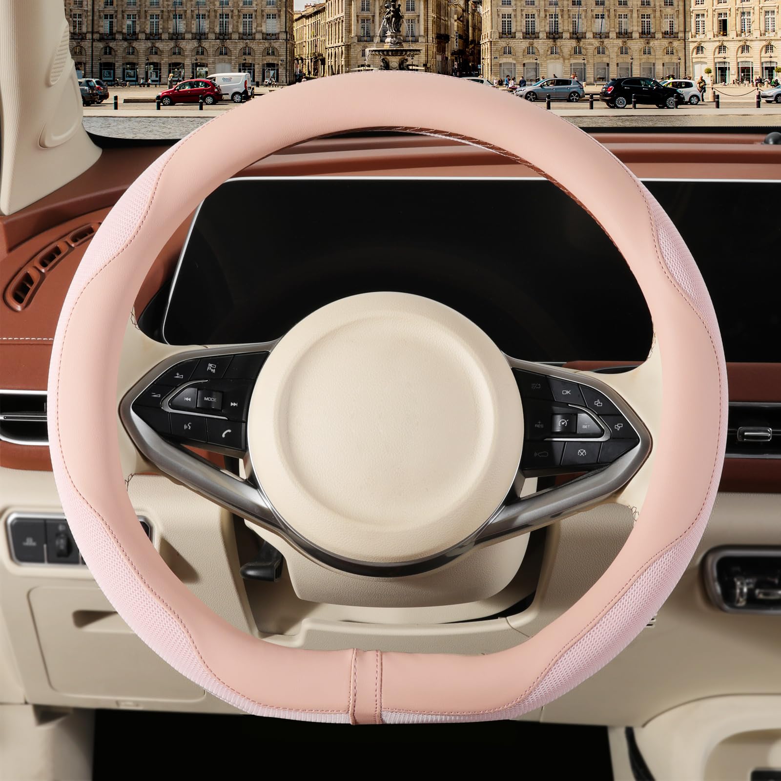 Binsheo Nappa Leather pink D-shape steering wheel cover with secure, non-slip grip