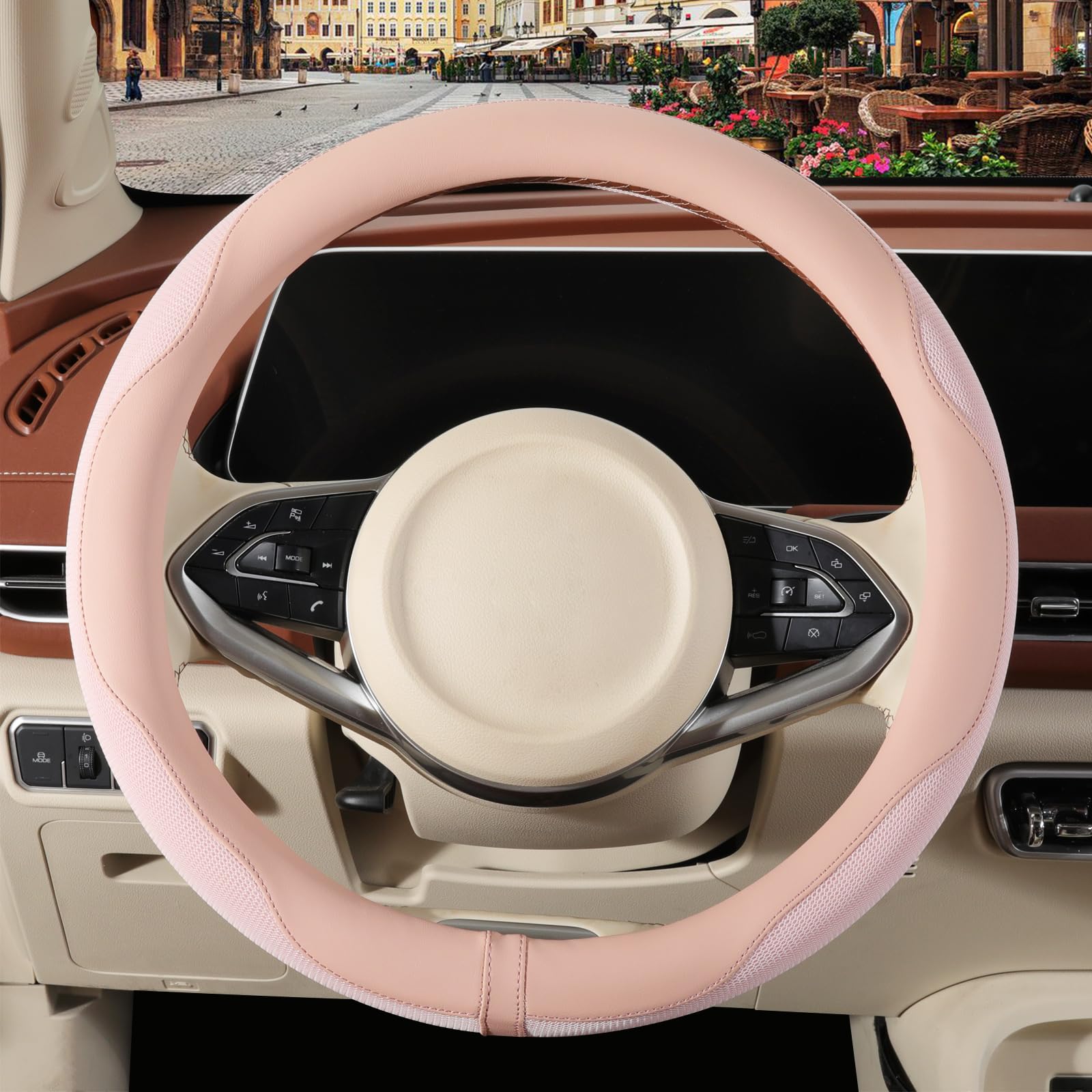 Binsheo Nappa Leather Pink steering wheel cover installed for secure non-slip grip during driving.