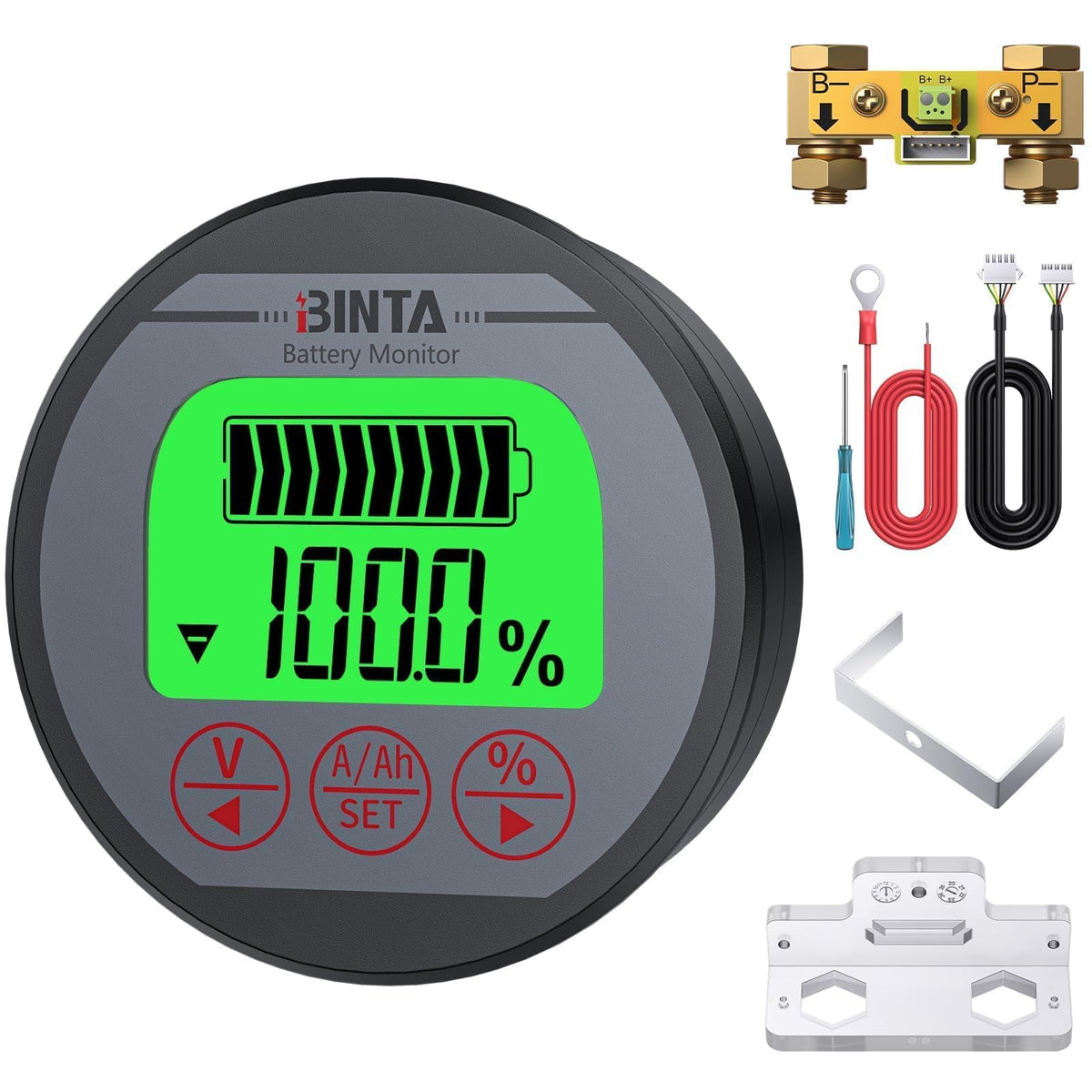 BINTA battery monitor front view shows real-time power data at a glance.