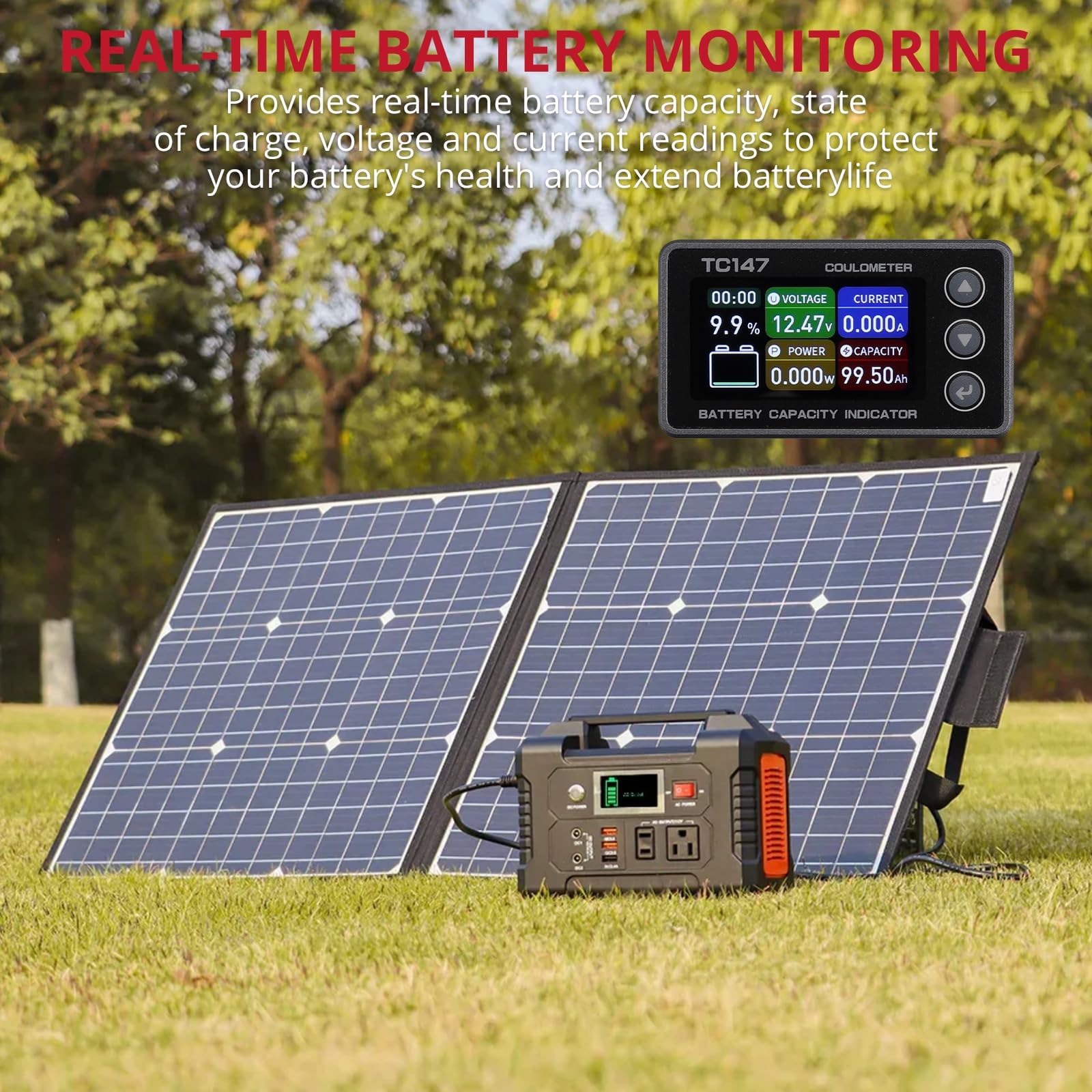 BINTA smart management displays percentage, Ah capacity up to 999Ah, and voltage