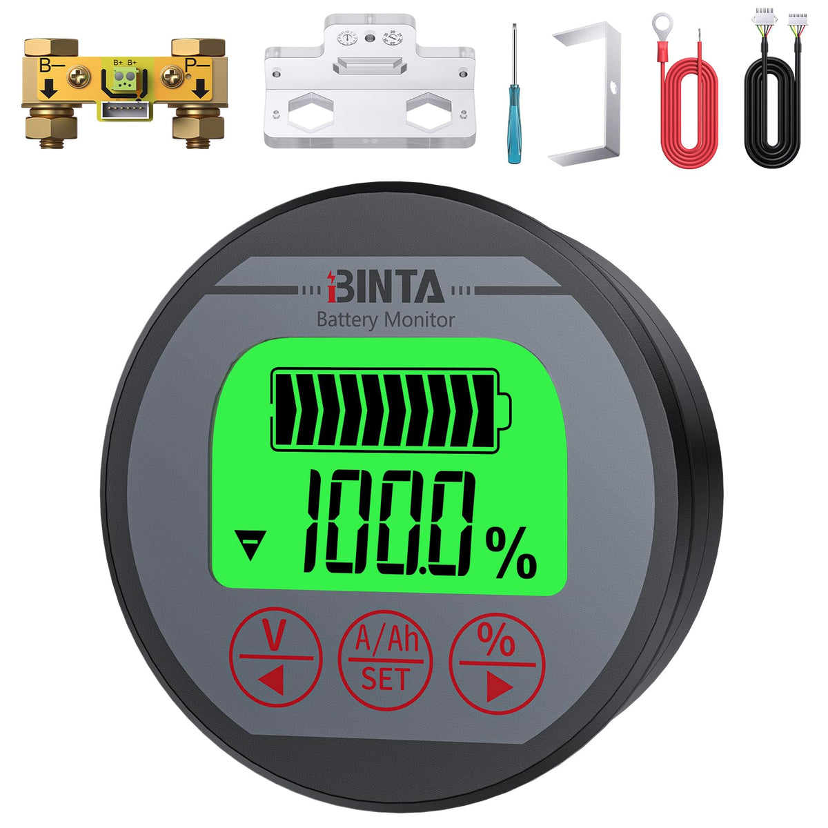 BINTA Shunt Battery Monitor front view with backlit display for quick power checks.