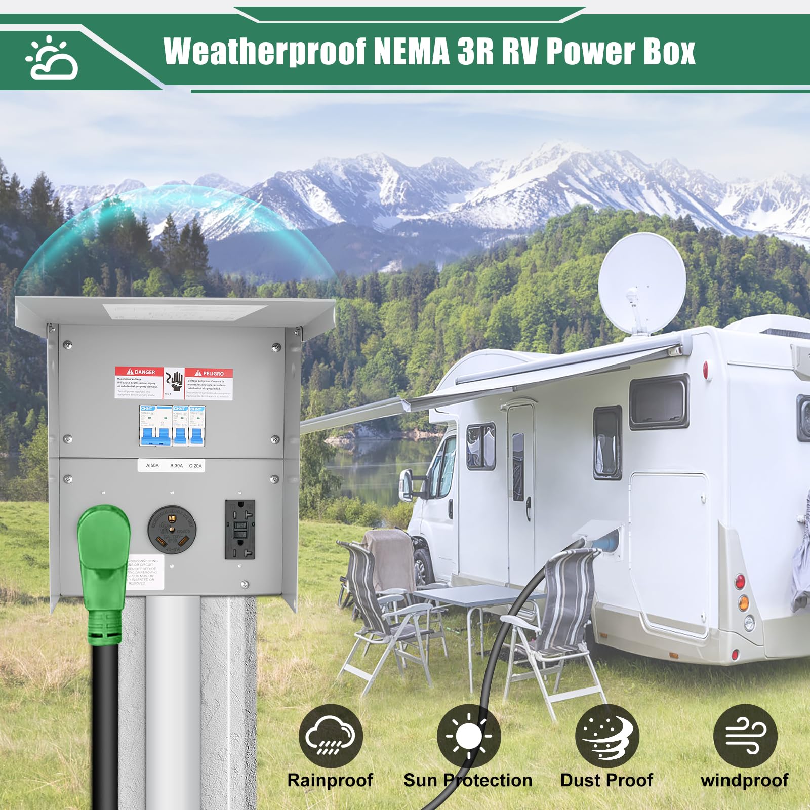 Binwacool 20-amp RV outlet panel for smaller electrical needs on site.