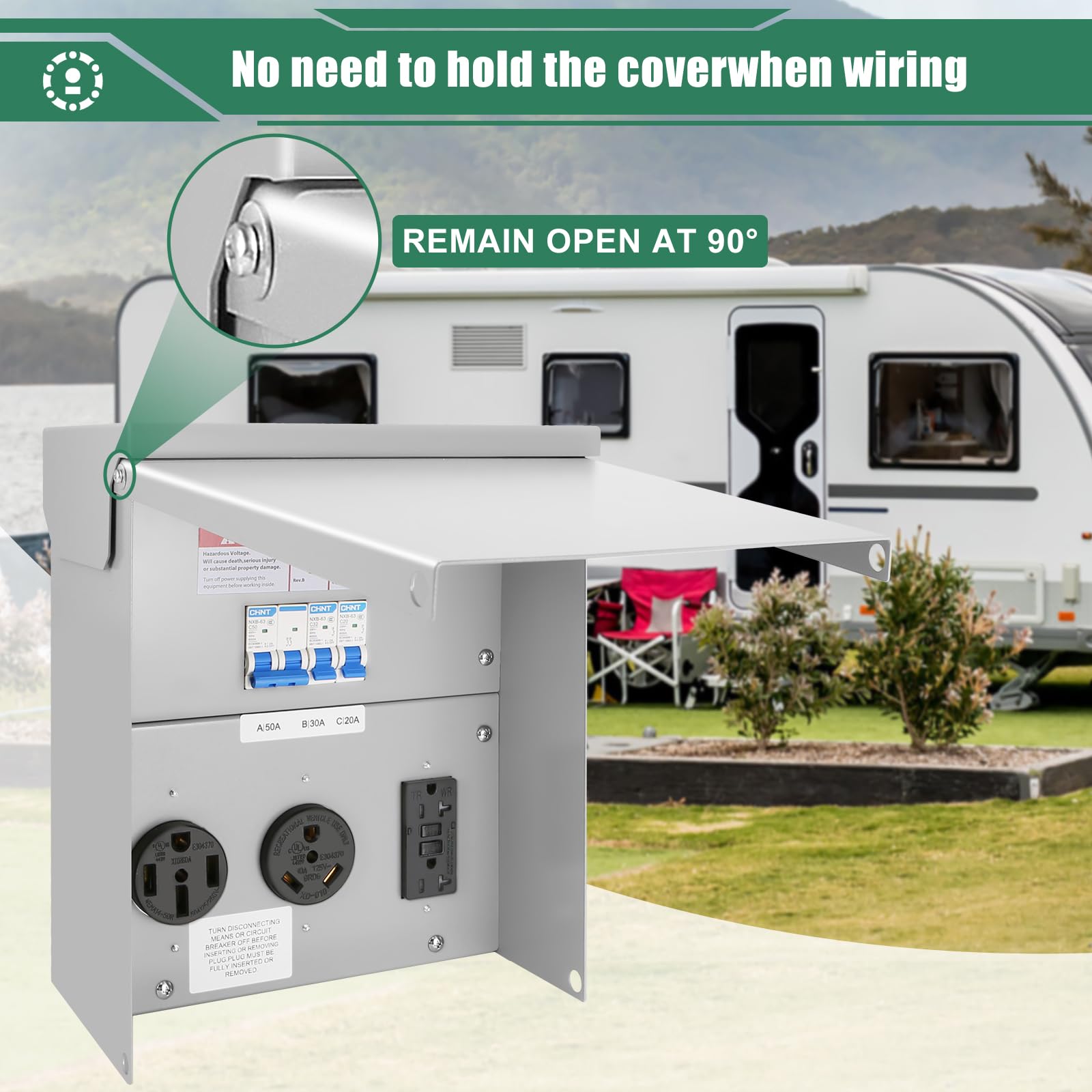 Binwacool weatherproof RV electrical box protects connections against rain and dust.
