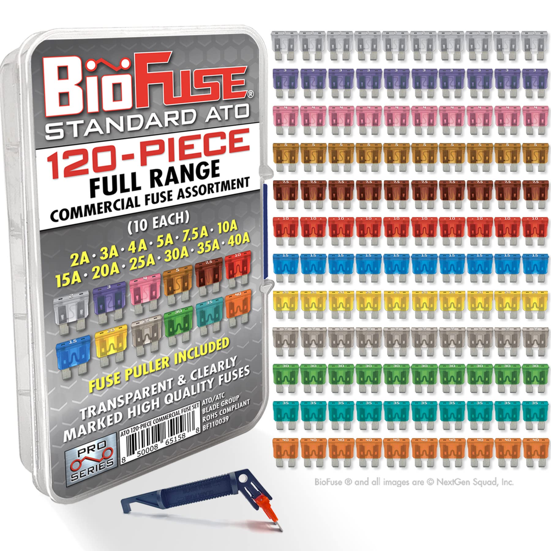 BIOFUSE 120-piece auto fuse assortment in a compact box for quick replacements.