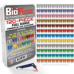 BIOFUSE 120-piece auto fuse assortment in a compact box for quick replacements.