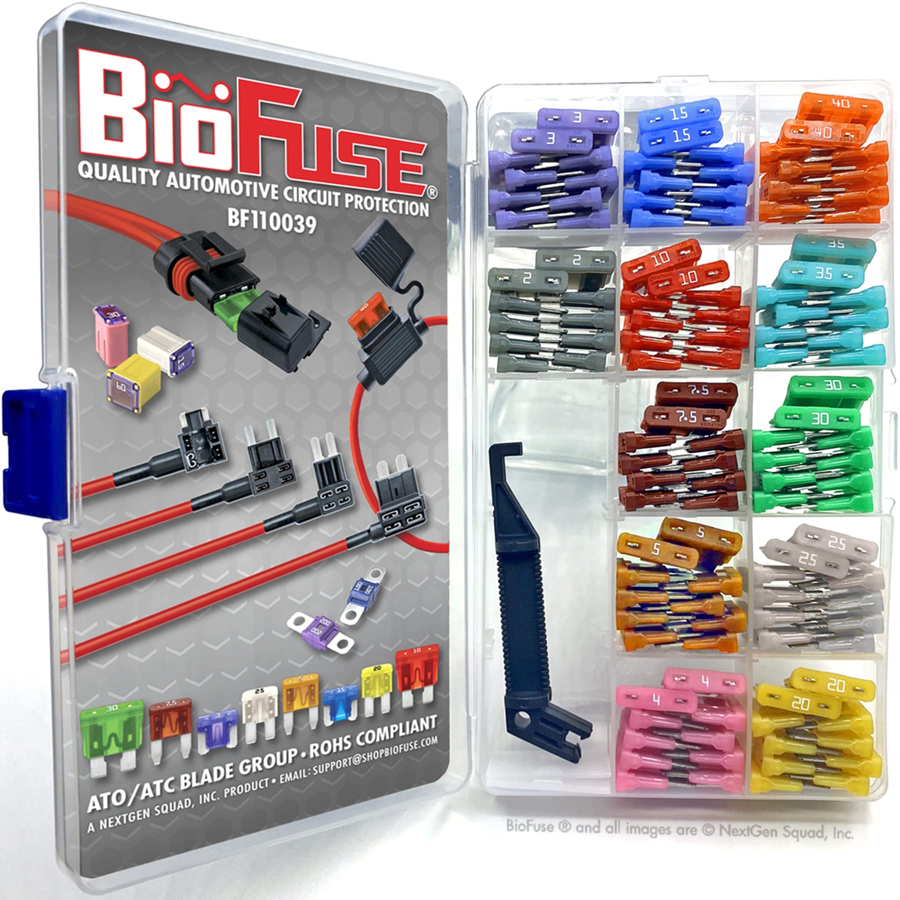 BIOFUSE color-coded blade fuses arranged by amperage for fast installation.