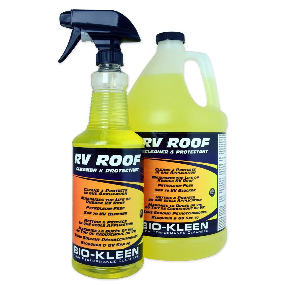 Biokleen M02409 roof clean and protect bottle showing petroleum-free formula for RV roof care