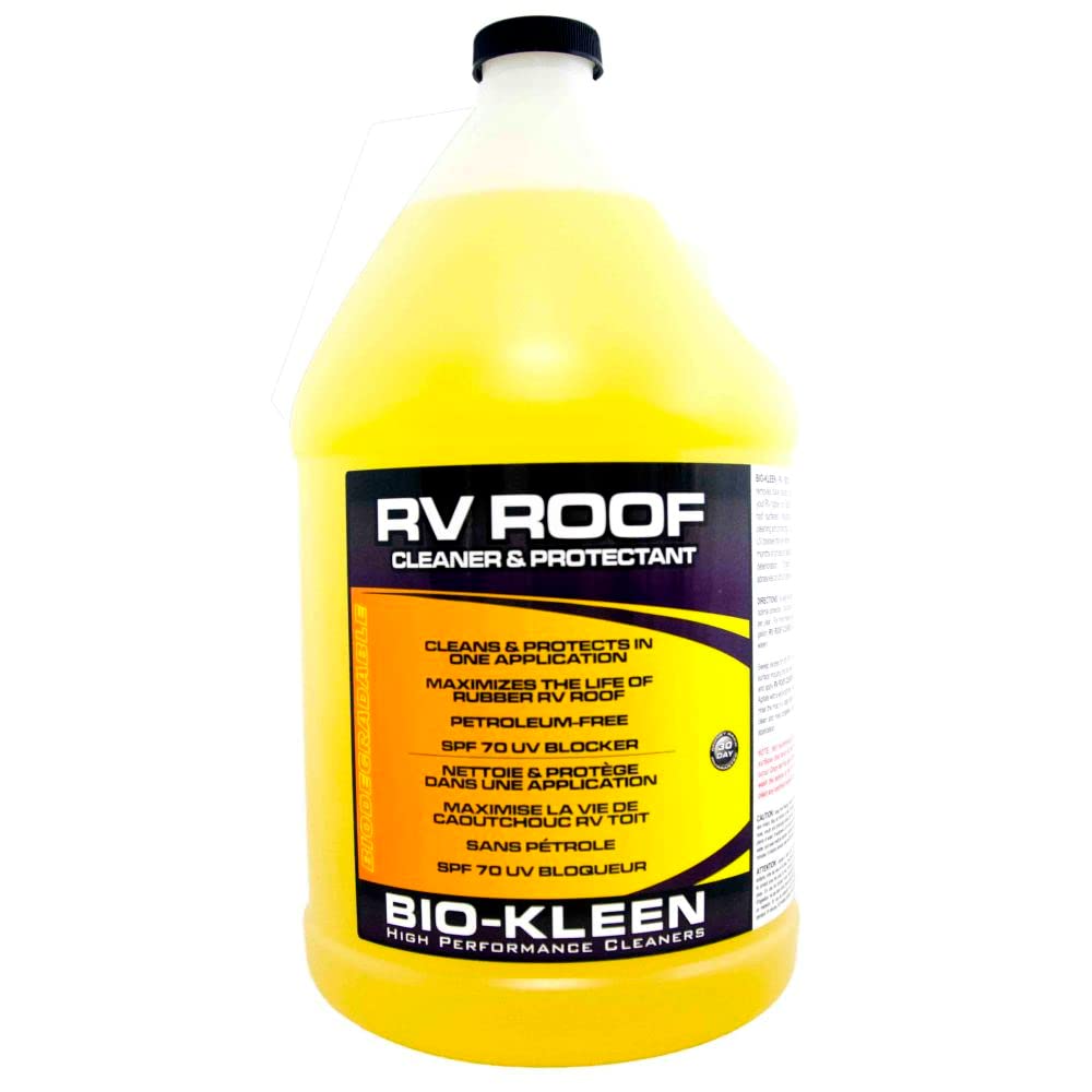 Biokleen RV roof cleaner bottle used to refresh and prep rubber roof surfaces.