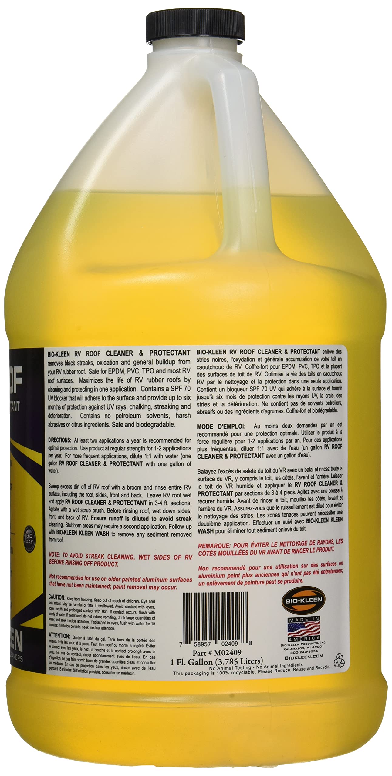 Biokleen RV roof protectant spray provides SPF 70 UV protection for durable roof care.