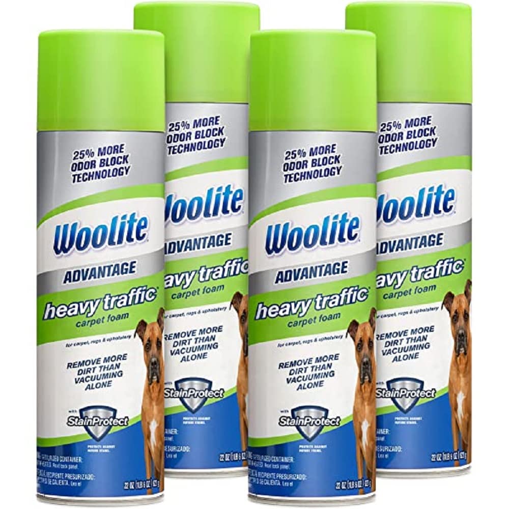 Bissell Woolite Advantage Heavy Traffic Carpet Foam spray for deep cleaning in high-traffic areas.
