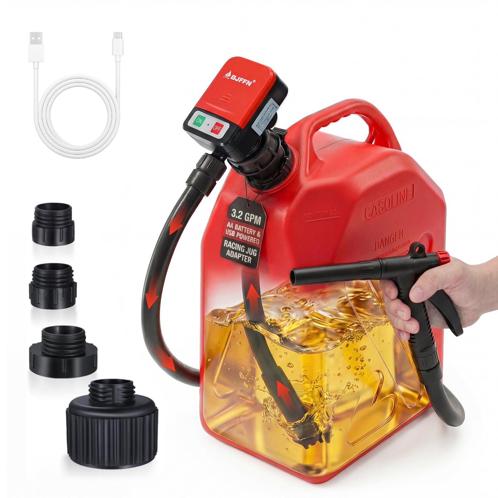 BJFFN Gas Can Fuel Pump Portable with 3.2 GPM flow for quick transfers.