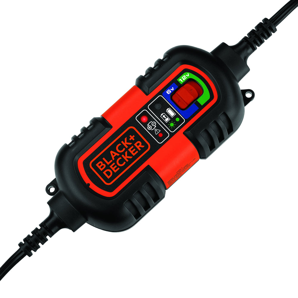 BLACK+DECKER BM3B charger with cable clamps for quick, secure battery connections.