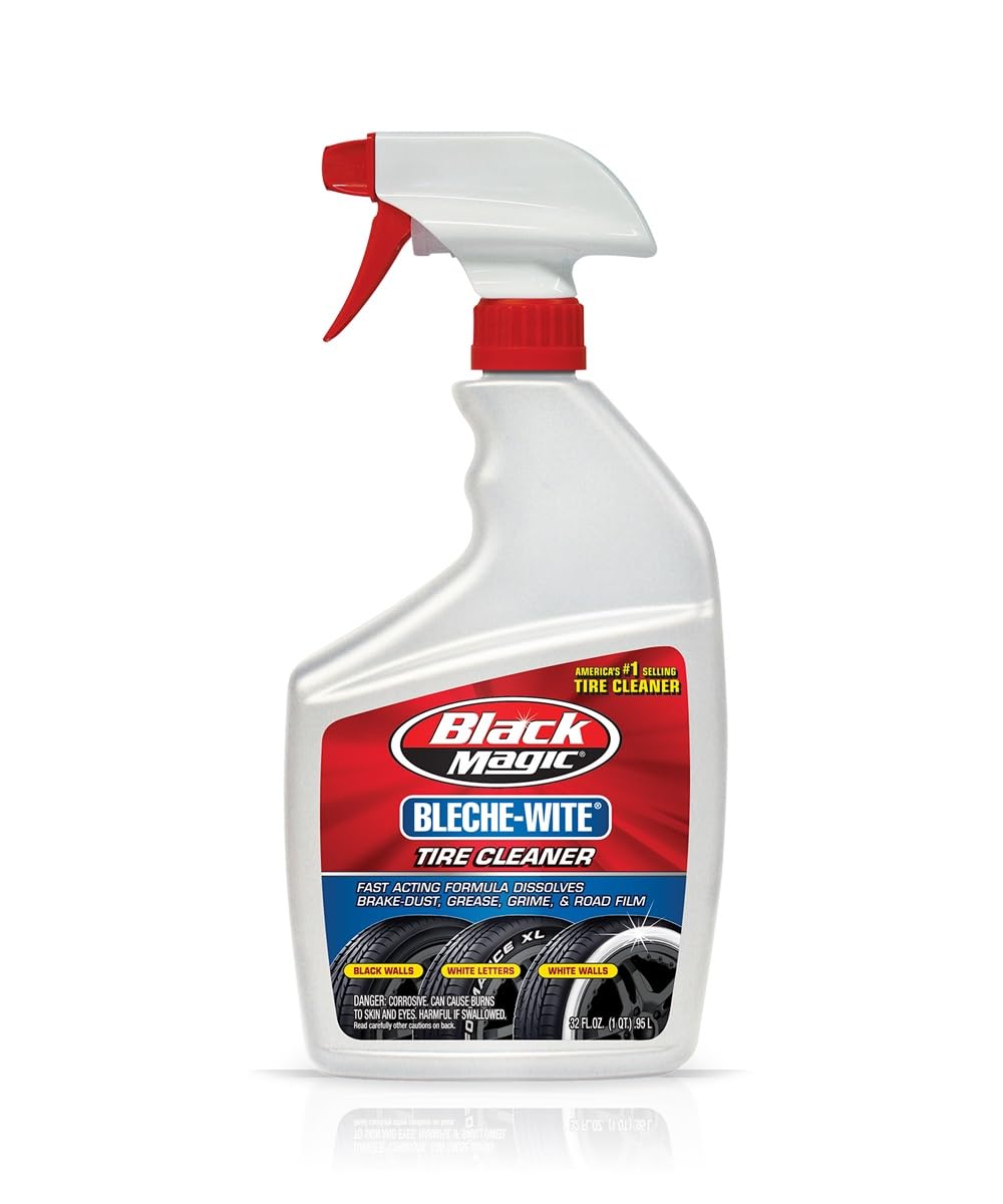 Black Magic Bleche-Wite tire cleaner bottle spray action for easy grime removal