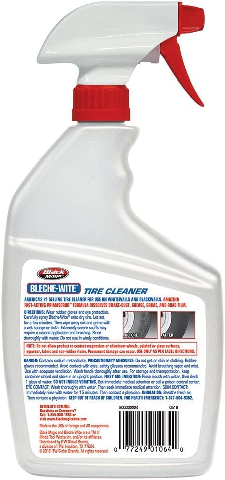 Black Magic Bleche-Wite tire cleaner in spray action demonstration