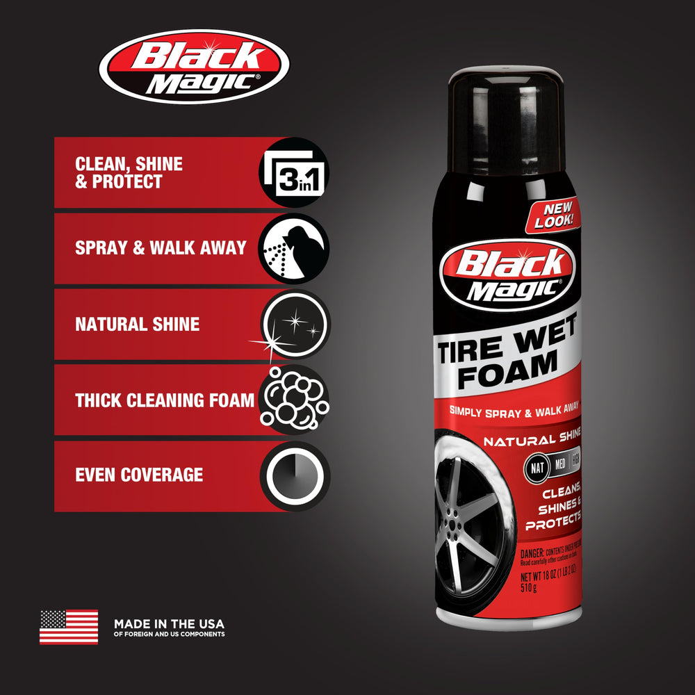 Black Magic Tire Wet Foam spray-angle demonstrates upside-down application.