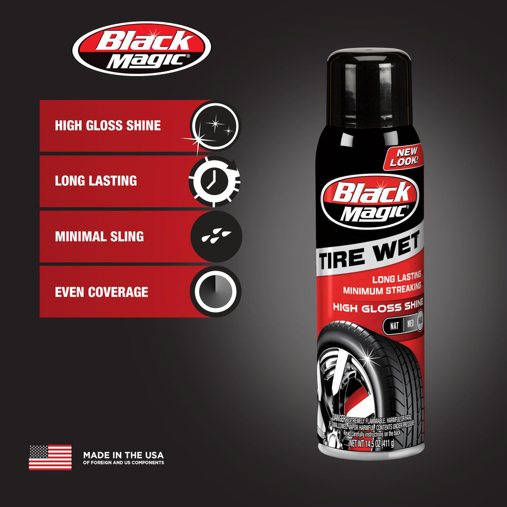 Black Magic Tire Wet Spray arc spray demonstrates even coverage on the tire.