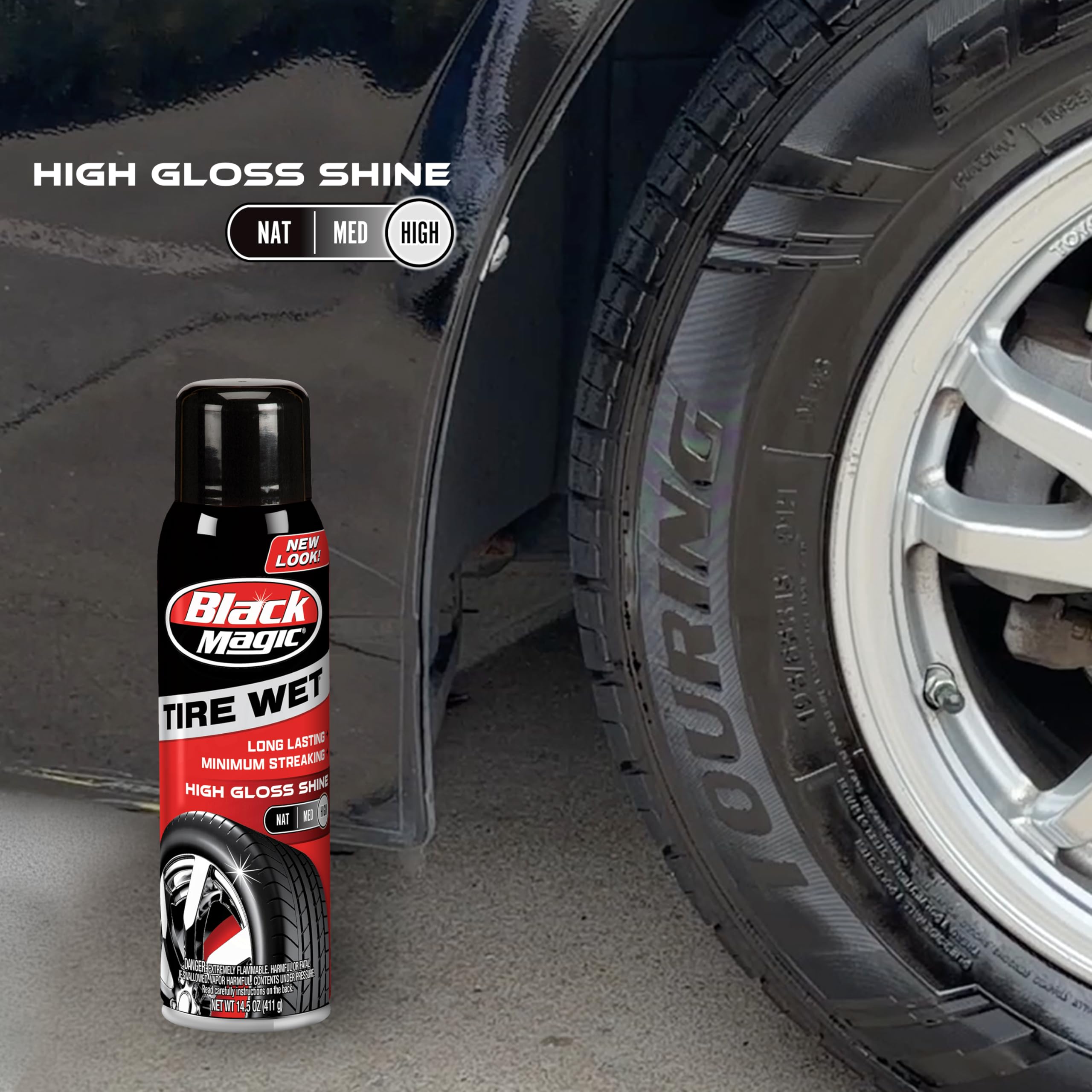 Black Magic Tire Wet Spray self-healing formula fills minor scuffs.