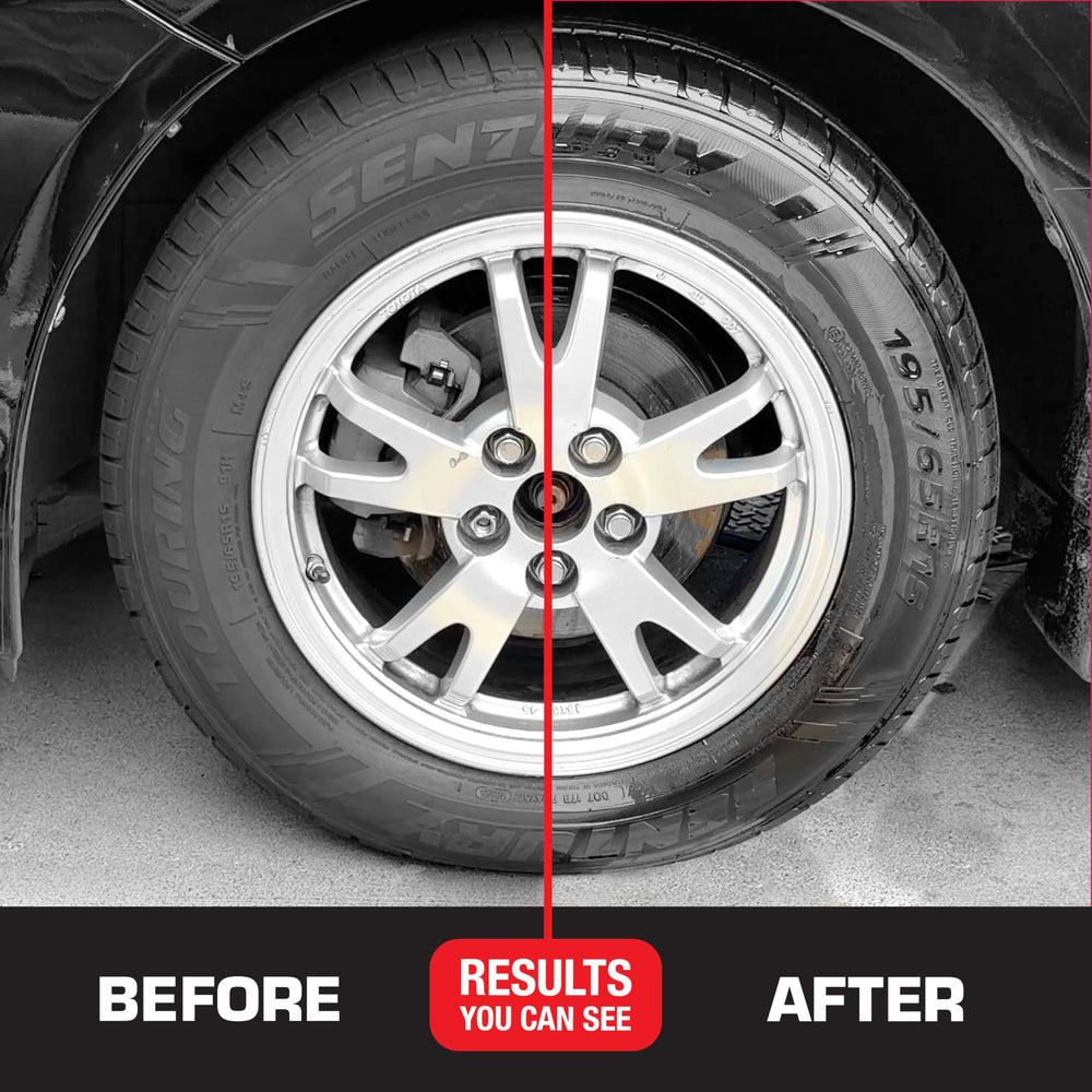 Black Magic Tire Wet Spray provides weather-resistant gloss through rain.