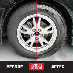 Black Magic Tire Wet Spray provides weather-resistant gloss through rain.