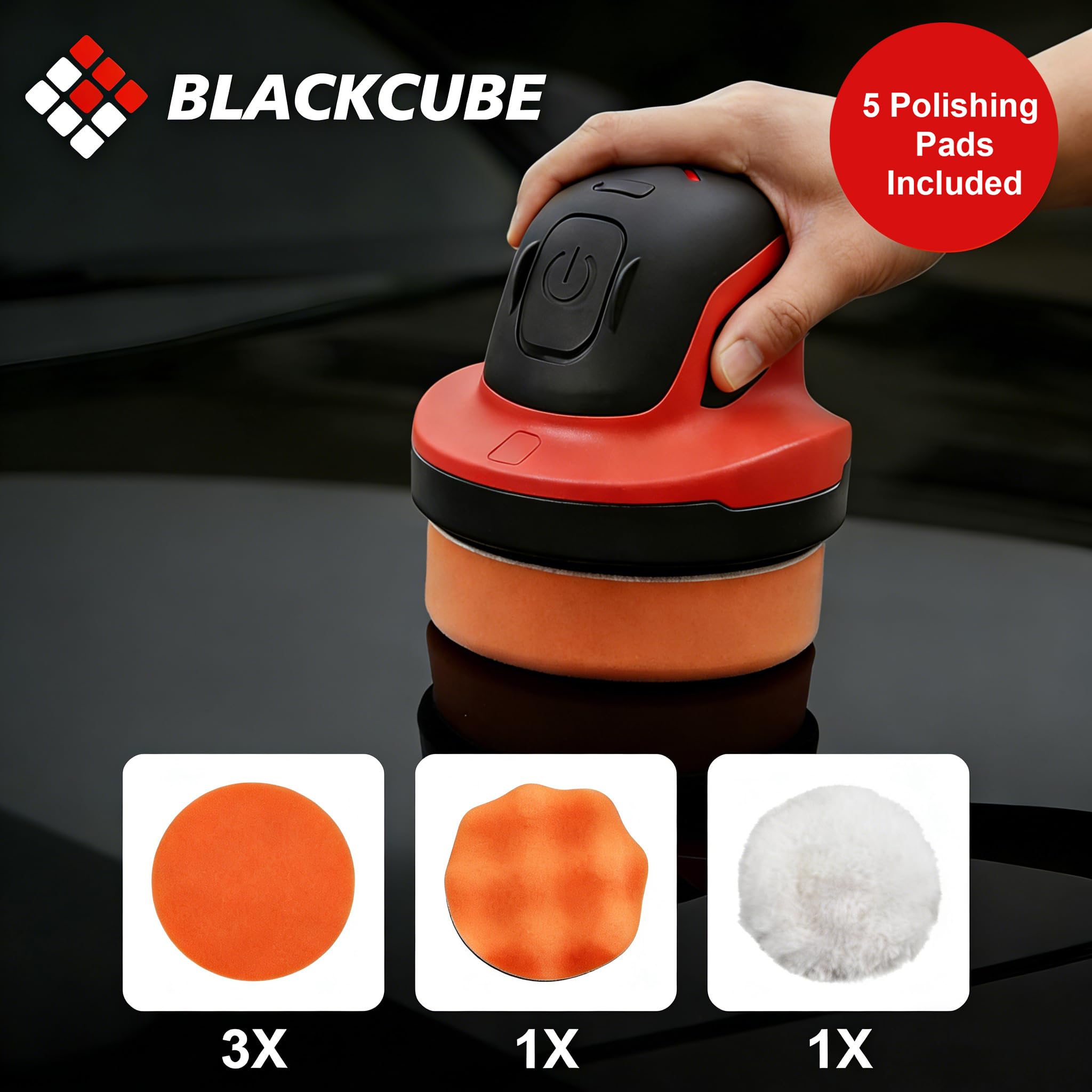 BLACKCUBE cordless polisher showing USB charging for cord-free detailing