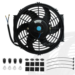 BLACKHORSE-RACING 10-inch slim fan front view enhances engine cooling with compact clearance.