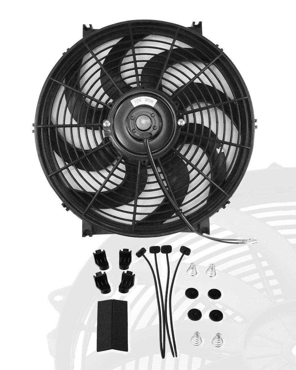 BLACKHORSE-RACING 12in slim fan front view shows compact design for tight engine bays