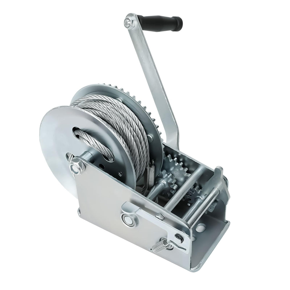 Blackhorse-Racing 3500 lbs hand winch with 33 ft cable; rugged steel frame for heavy-duty trailer use.