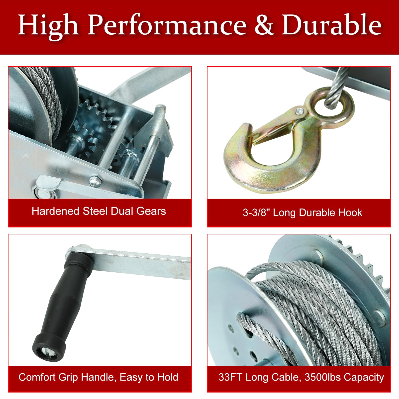 Blackhorse-Racing 3500 lbs winch, hook length 3-3/8 inches with 3/4 inch opening for secure loads.