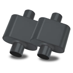 BLACKHORSE-RACING pair mufflers side view, durable aluminized steel construction.