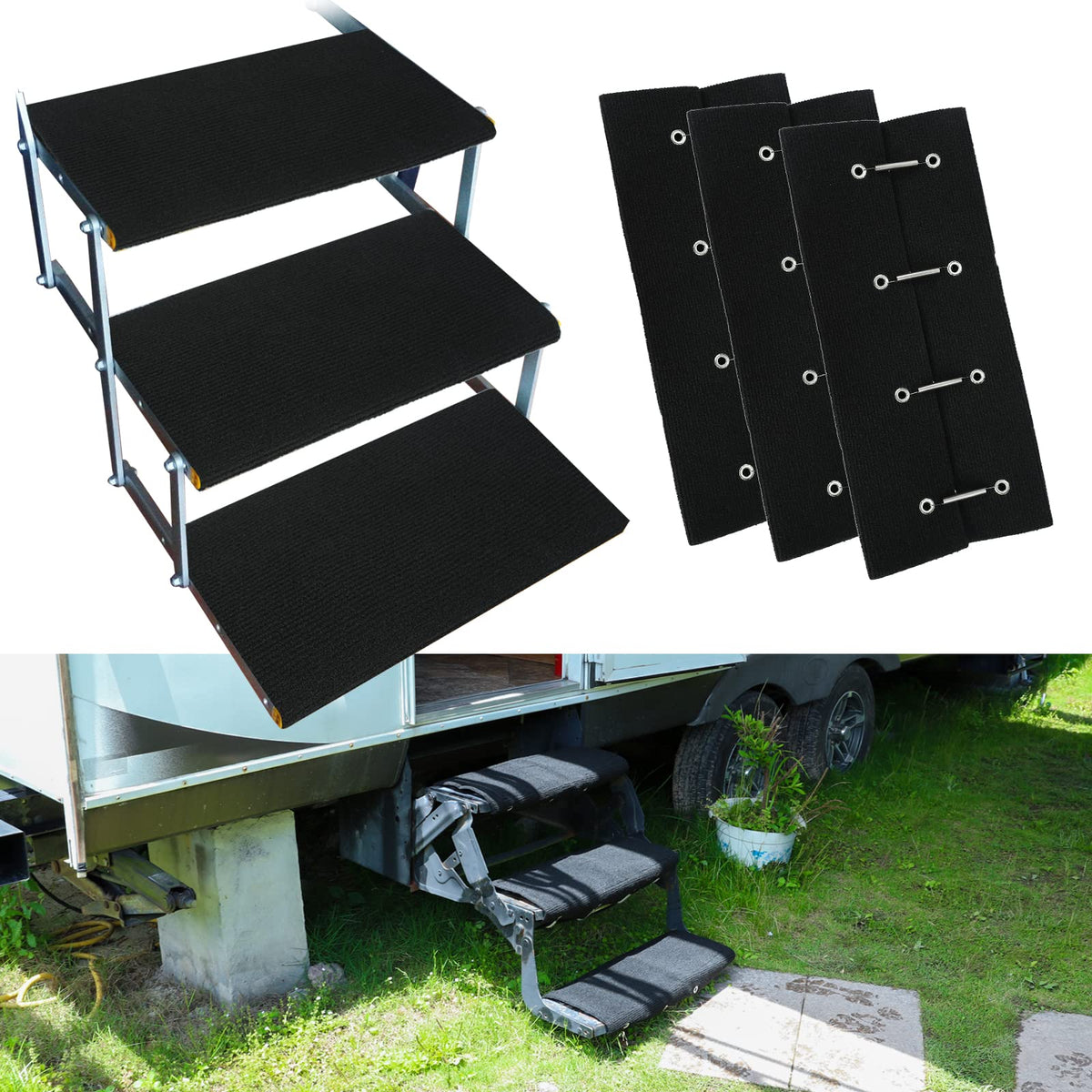 BLACKHORSE-RACING RV Step Rugs installed on stairs improve safety and cleanliness