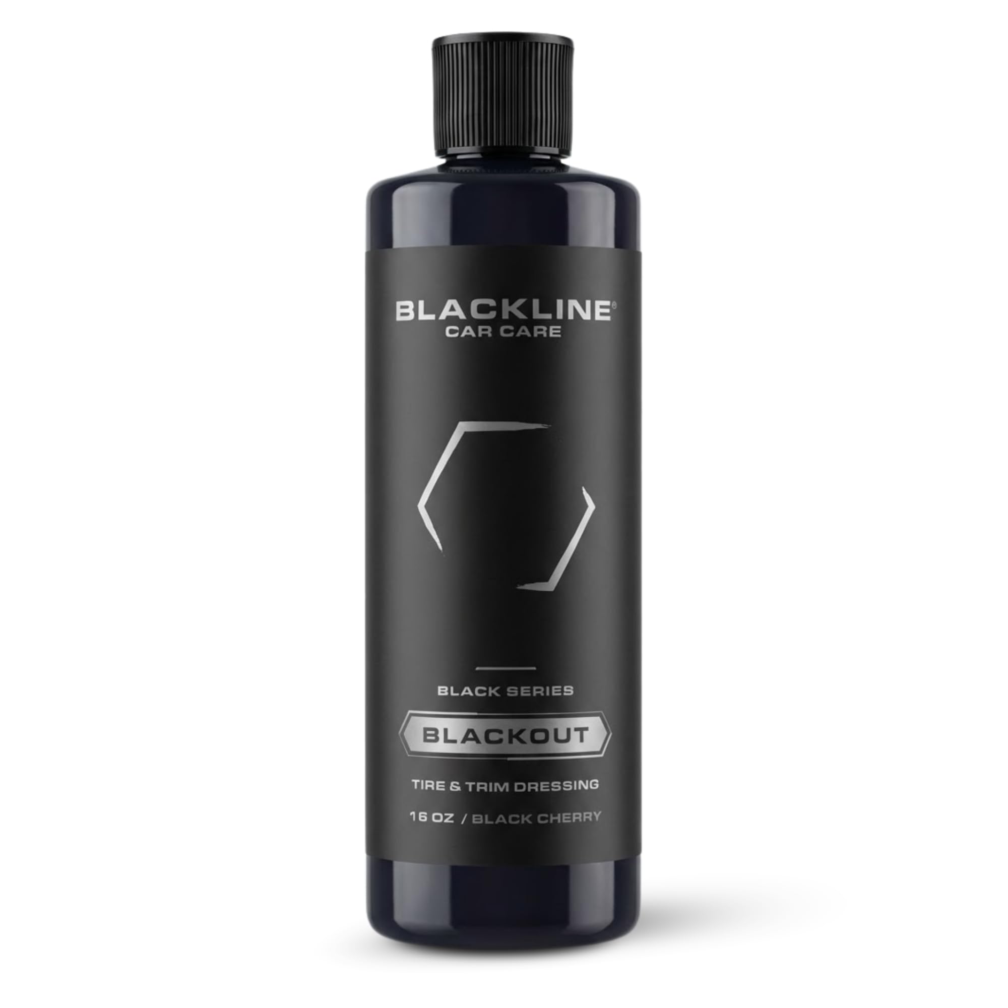 Blackline Blackout bottle pour enabling controlled tire dressing application.