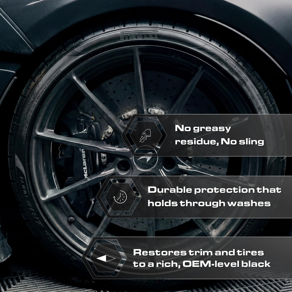 Blackline Blackout UV barrier on tires provides water-repellent protection.