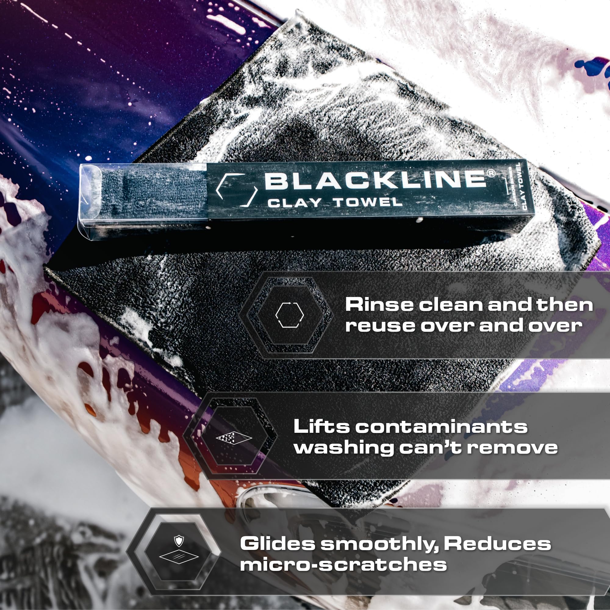 Blackline Clay Towel safe on paint and glass for multi-surface detailing.