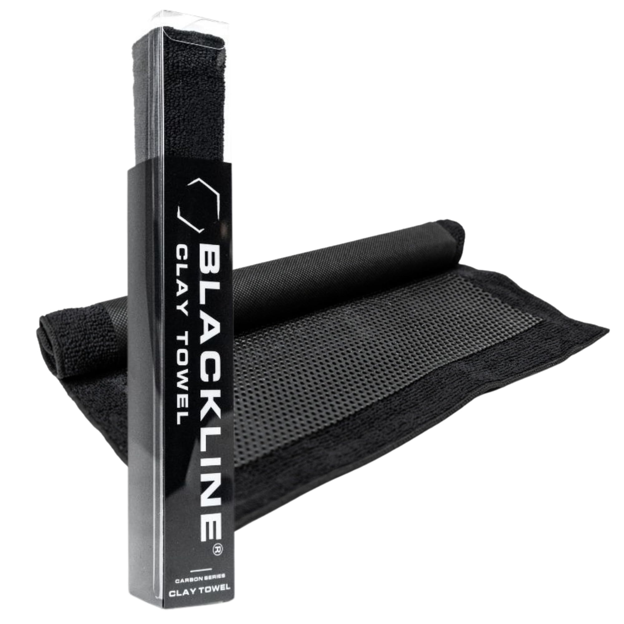 Blackline Clay Towel polymer layer close-up lifting tar from paint for surface decontamination.