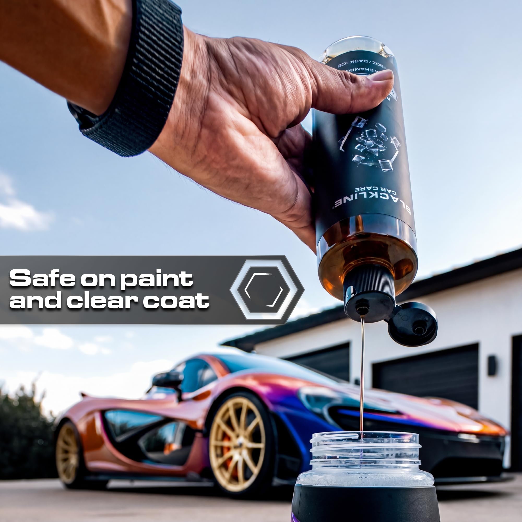 Blackline Extreme Foaming Car Shampoo bottle on car hood during wash