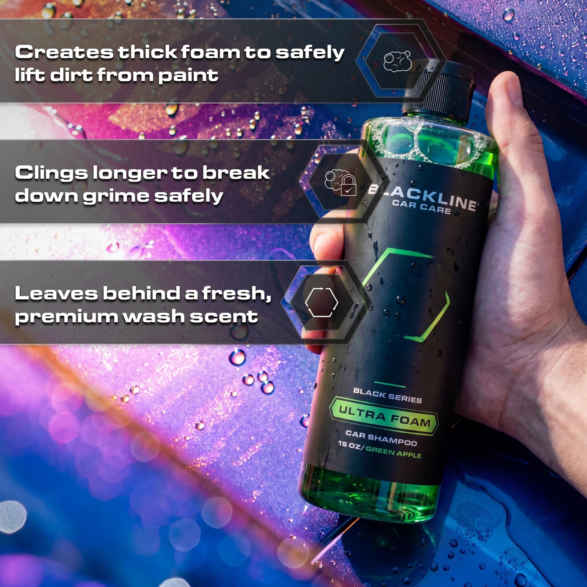 Blackline foam-cannon compatible shampoo enables quick, even coverage.