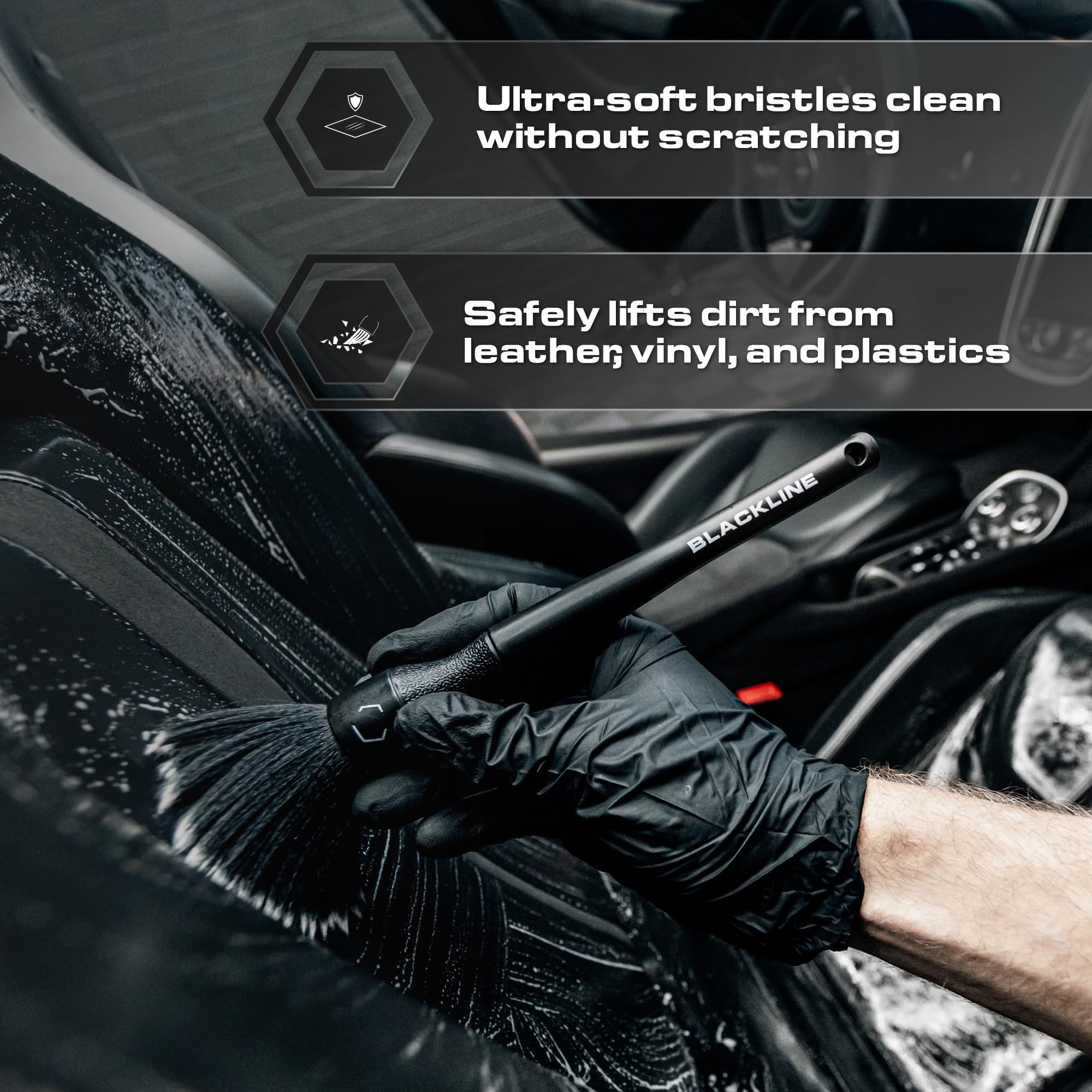 Blackline leather cleaning brush for interior seats prevents scratches.