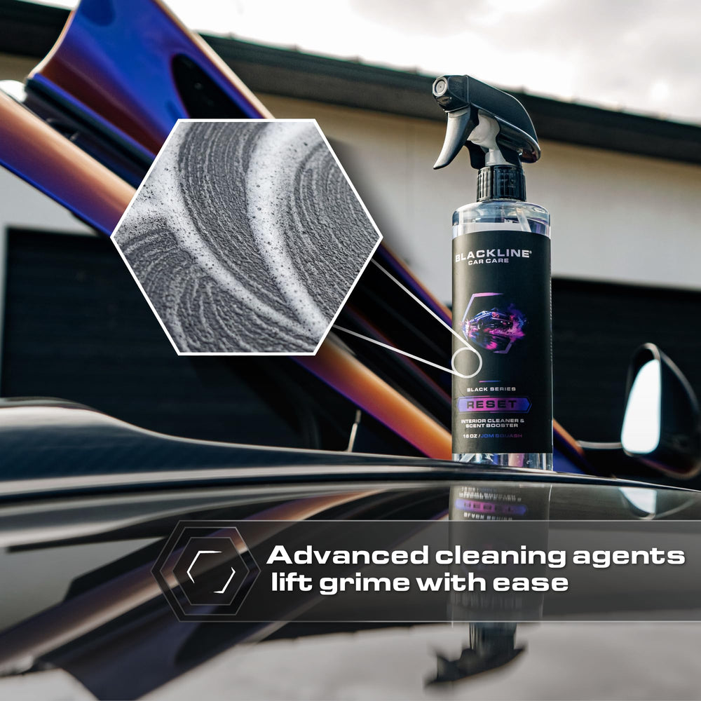 Blackline Reset cleans car interior surfaces and leaves deodorized air.