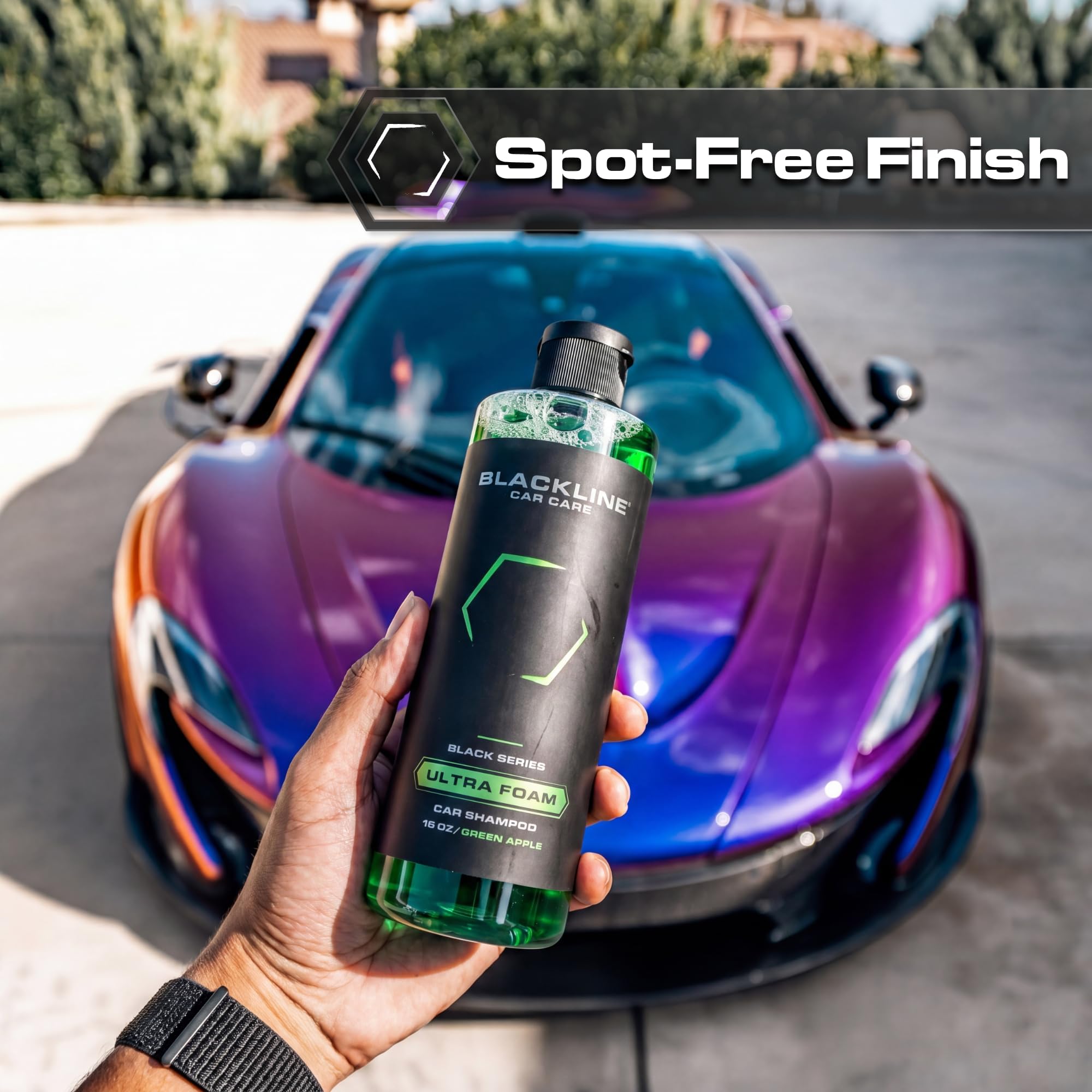 Blackline shampoo on a dirty car, visible lather lifting grime