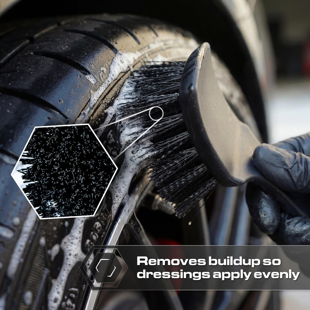 Blackline stiff bristle brush in car detailing for professional-grade prep.
