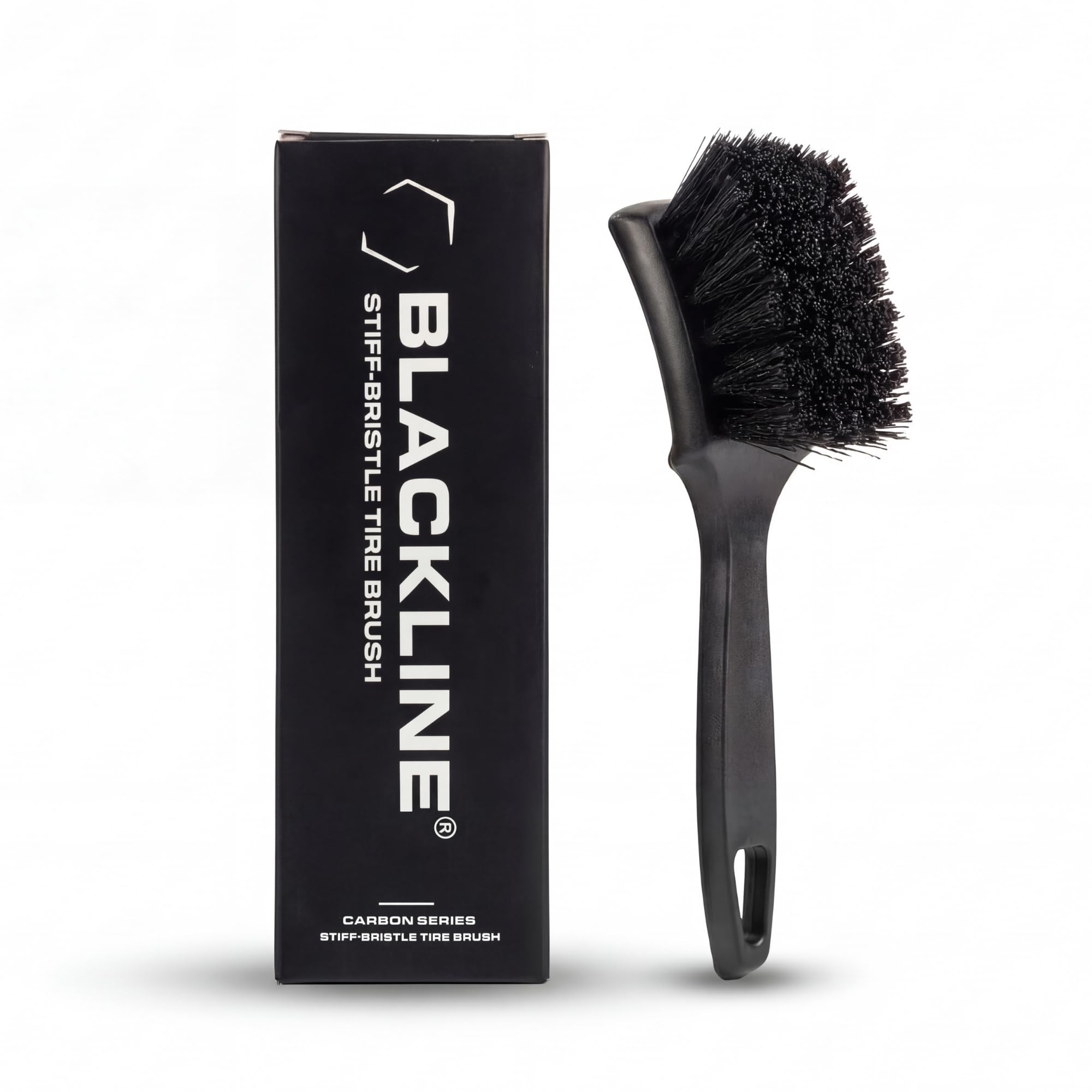 Blackline stiff bristle brush on tires for deep cleaning and embedded dirt.
