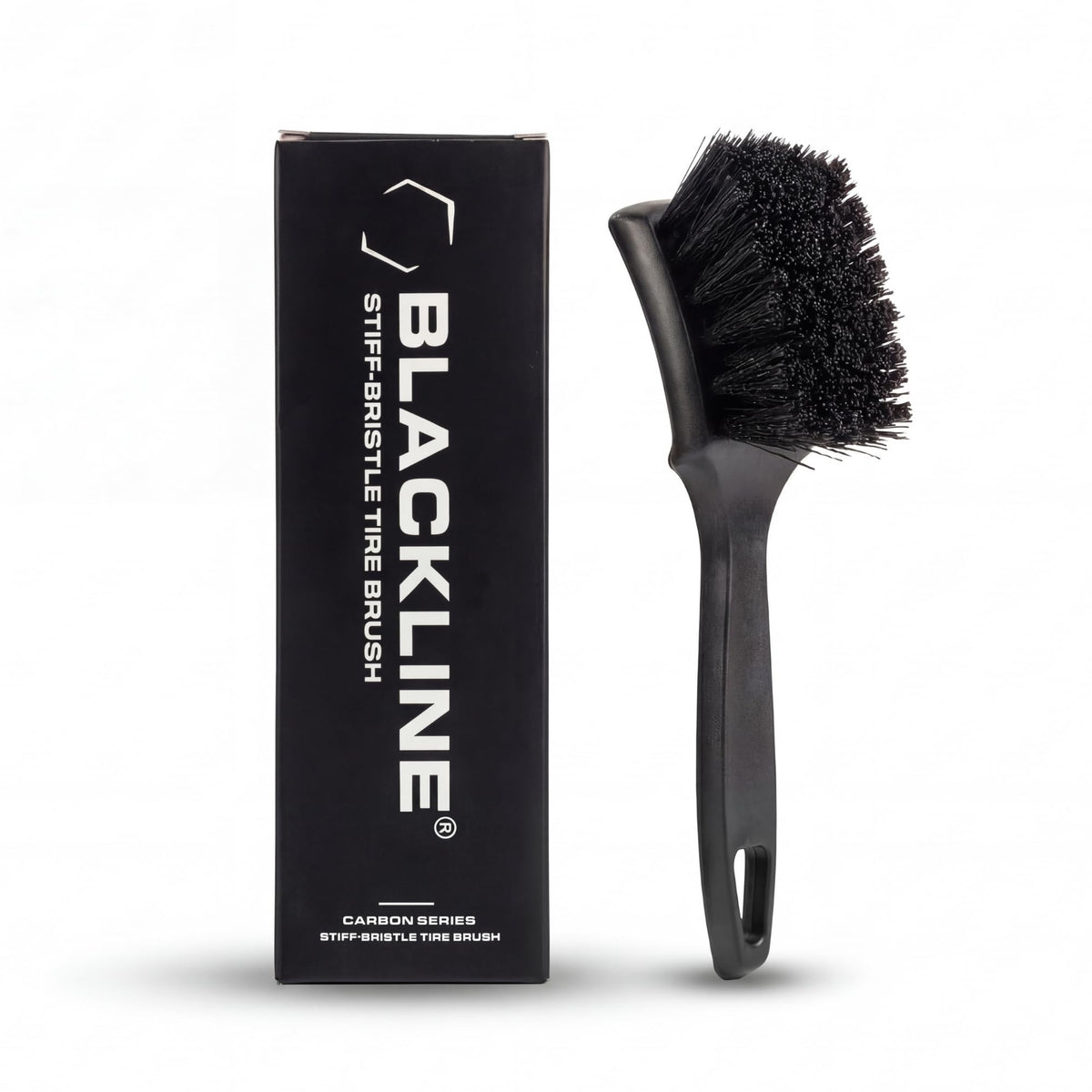 Blackline stiff bristle brush on tires for deep cleaning and embedded dirt.