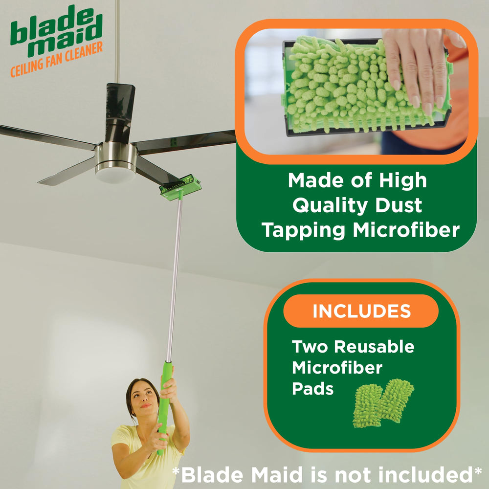 Blade Maid microfiber pad with four-sided sleeve grips blades firmly for thorough dust capture.
