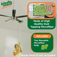 Blade Maid microfiber pad with four-sided sleeve grips blades firmly for thorough dust capture.
