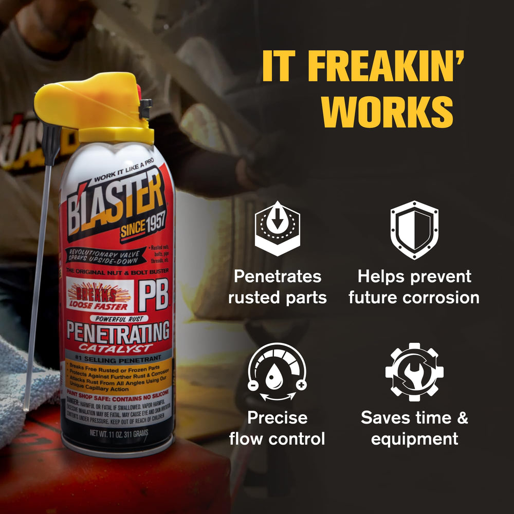 PB Blaster deep-penetrating action reaches threads to free seized hardware