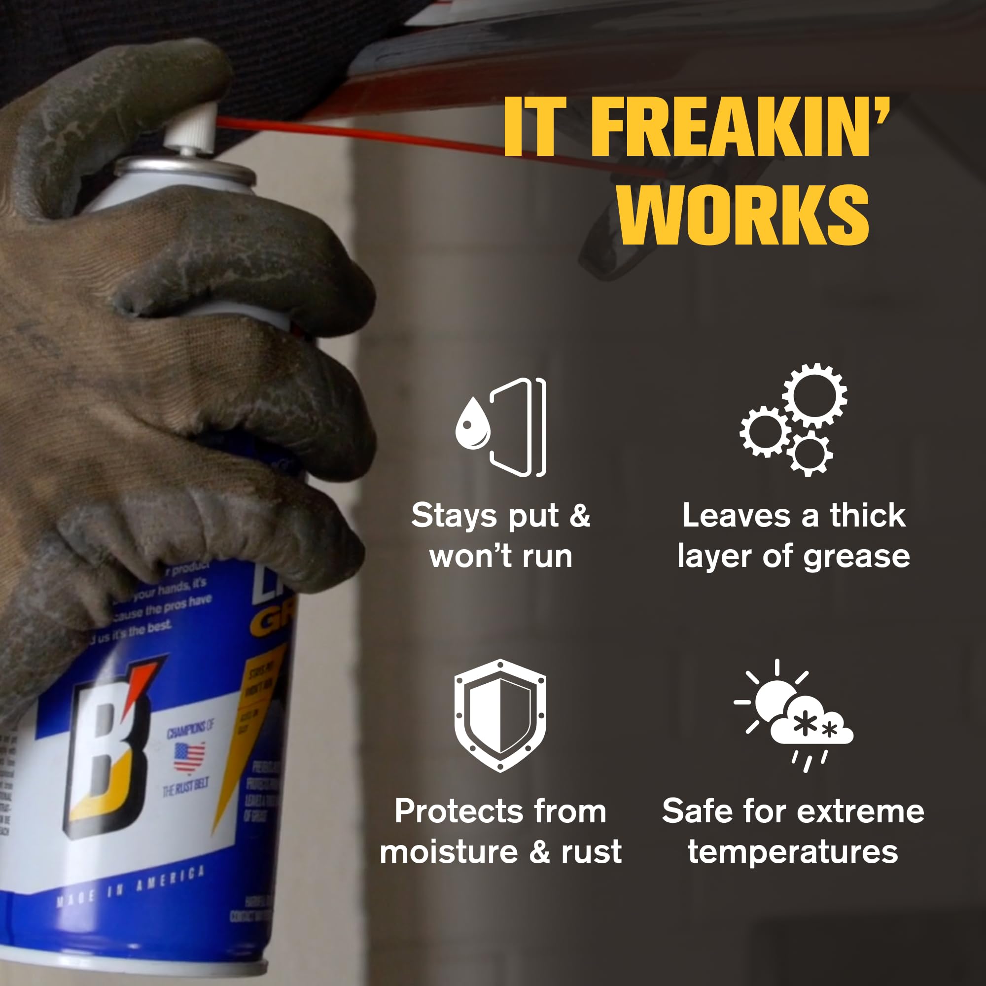 Blaster White Lithium Grease Spray protects bearings from wear and moisture.