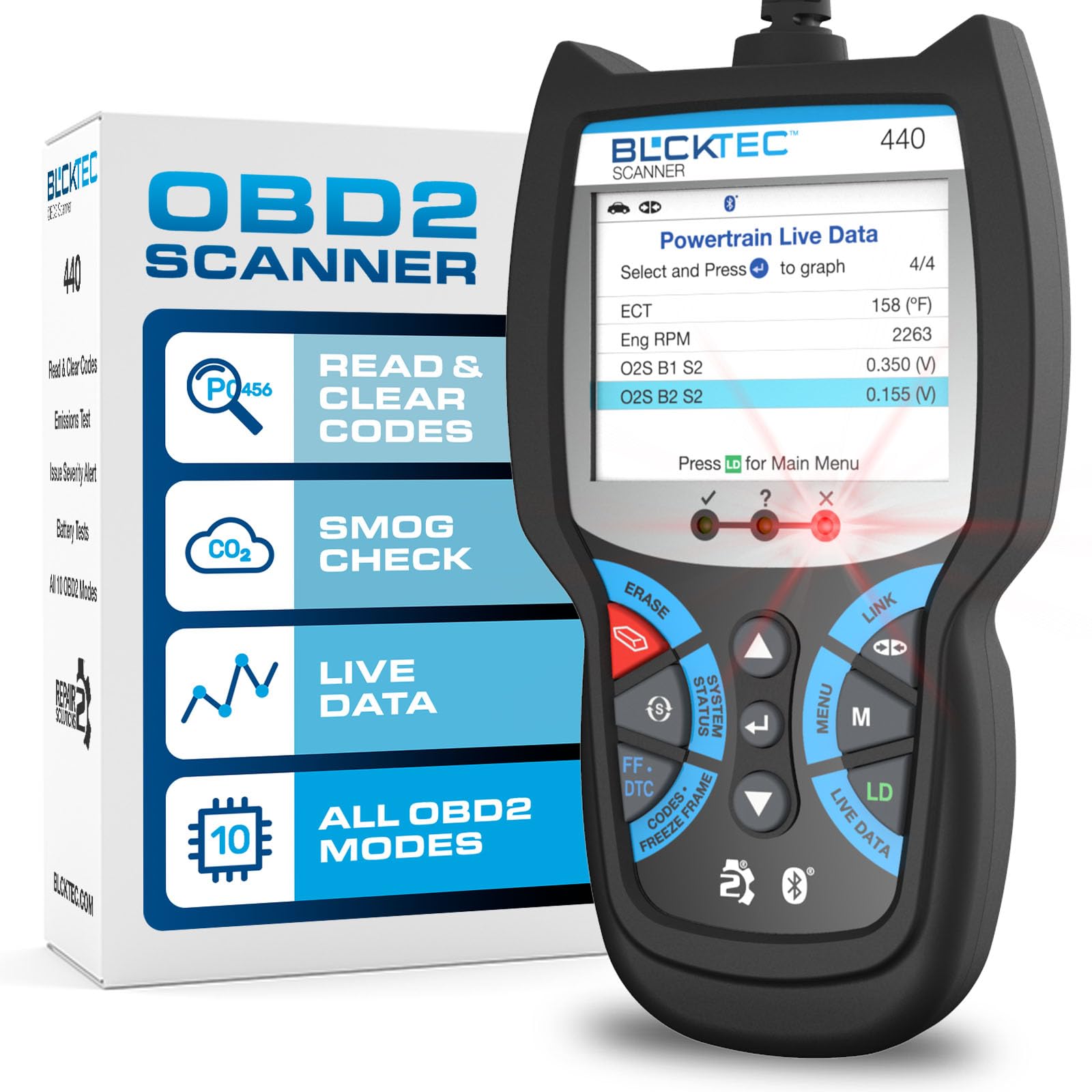 BLCKTEC 440 OBD2 scanner on dashboard for quick diagnostics
